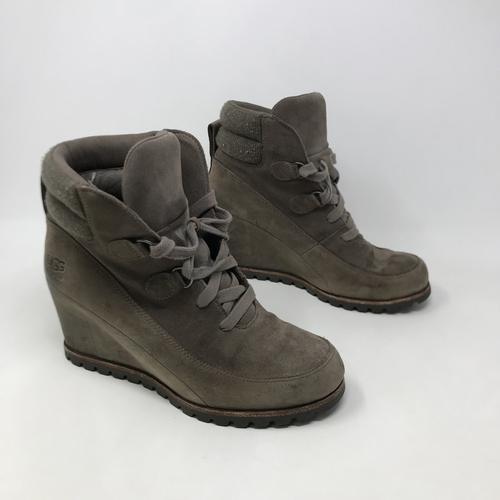 UGG Australia Women's Kriston Mole Grey Waterpoof Leather Wedge Boots 1108629